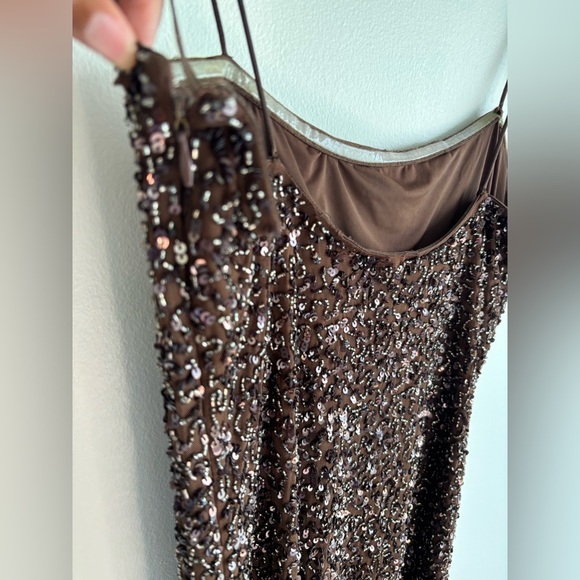 Retrofête Brown Sequin Spaghetti Strap Mini Dress Size L Side Zipper Fully Lined - Picture 7 of 13
